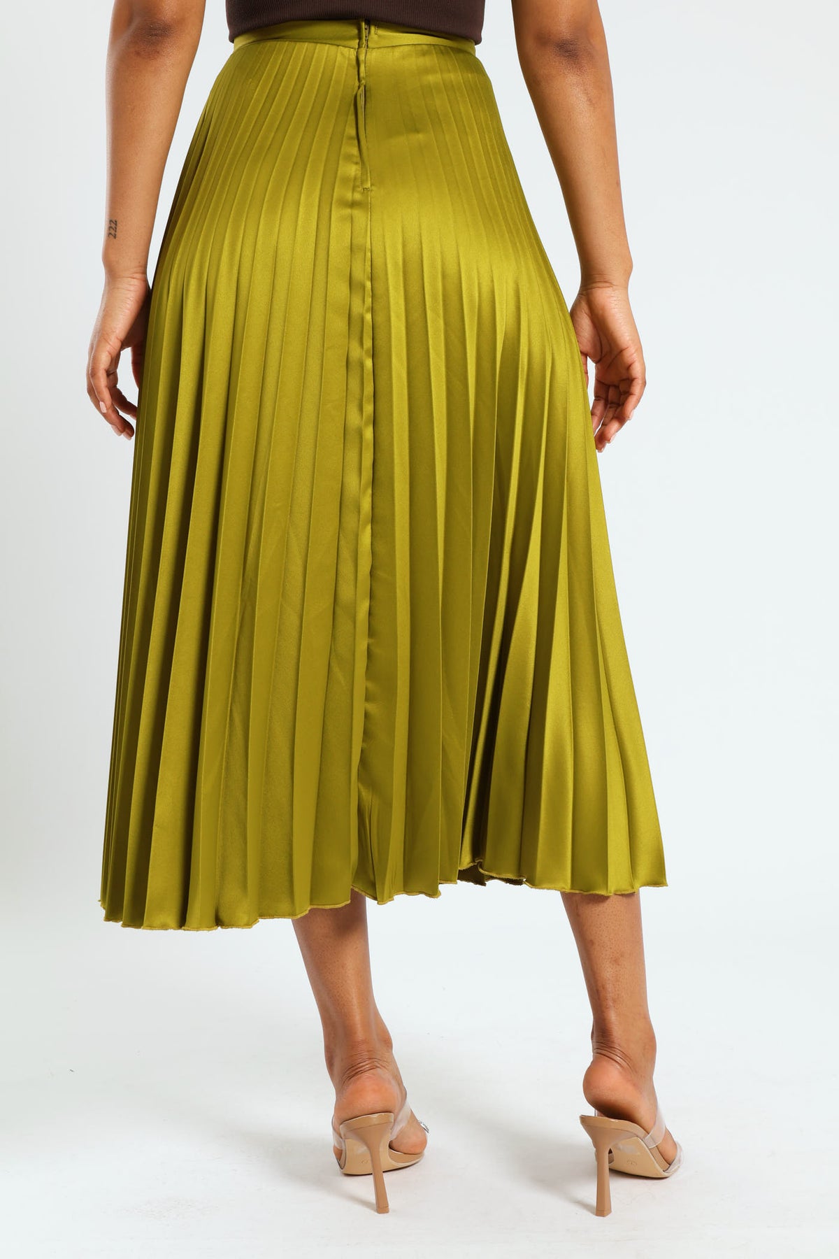 Pleated A-Line Satin Feel Midi Skirt- Chartreuse