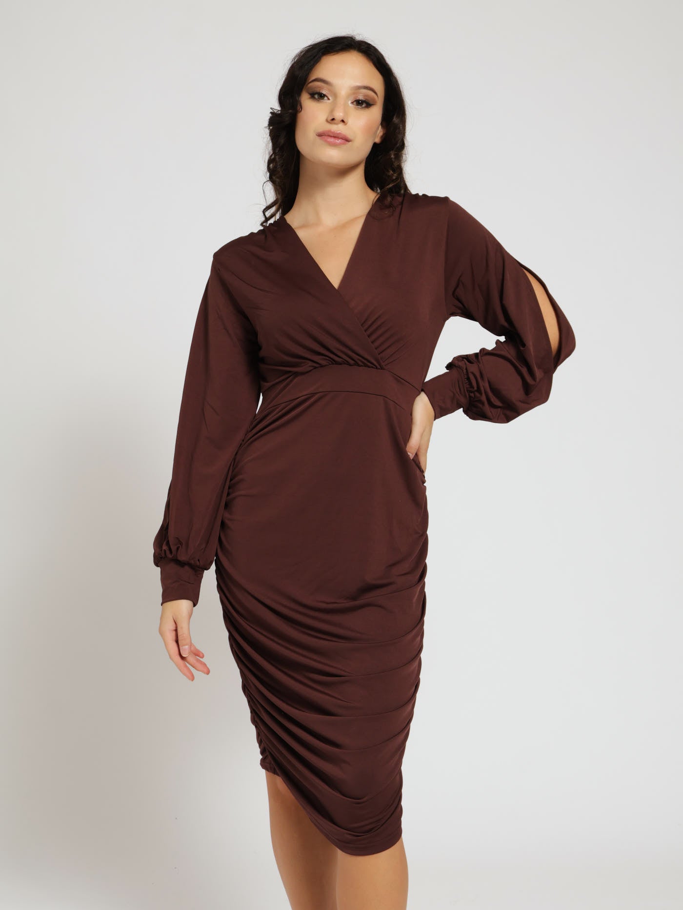 Long Sleeve Cutout Slinky Dress - Brown LEGiT Long Sleeve Cutout Slinky Dress - Brown LEGiT