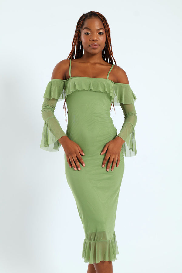 Off The Shoulder Strappy Frilly Detail Flare Hem Dress - Sage LEGiT Off The Shoulder Strappy Frilly Detail Flare Hem Dress - Sage LEGiT