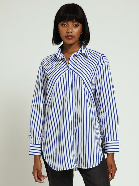 Long Sleeve Diagonal Stripe Oversized Poplin Shirt - Cobalt – LEGiT