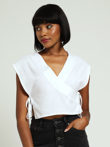 Linen Woven Crossover Top With Side Ties - White – LEGiT