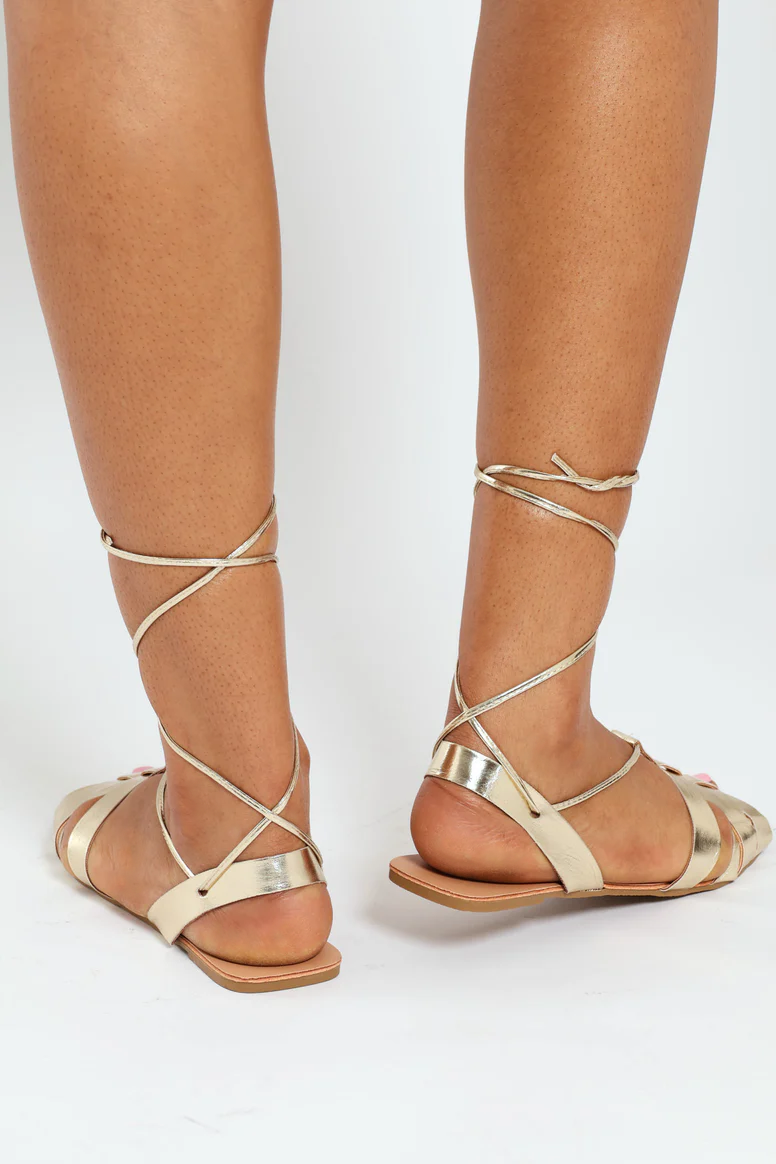 Flat Caged Sandal With Ankle Tie Gold – LEGiT - Main Image