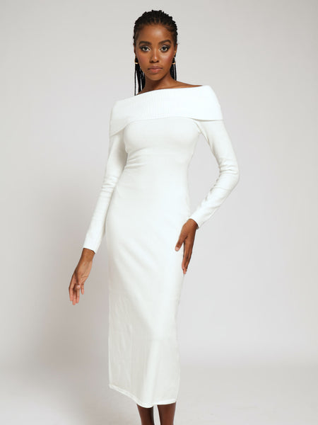 Long Sleeve Funnel Neck Ribbed Midi Dress - Cream LEGiT Long Sleeve Funnel Neck Ribbed Midi Dress - Cream LEGiT