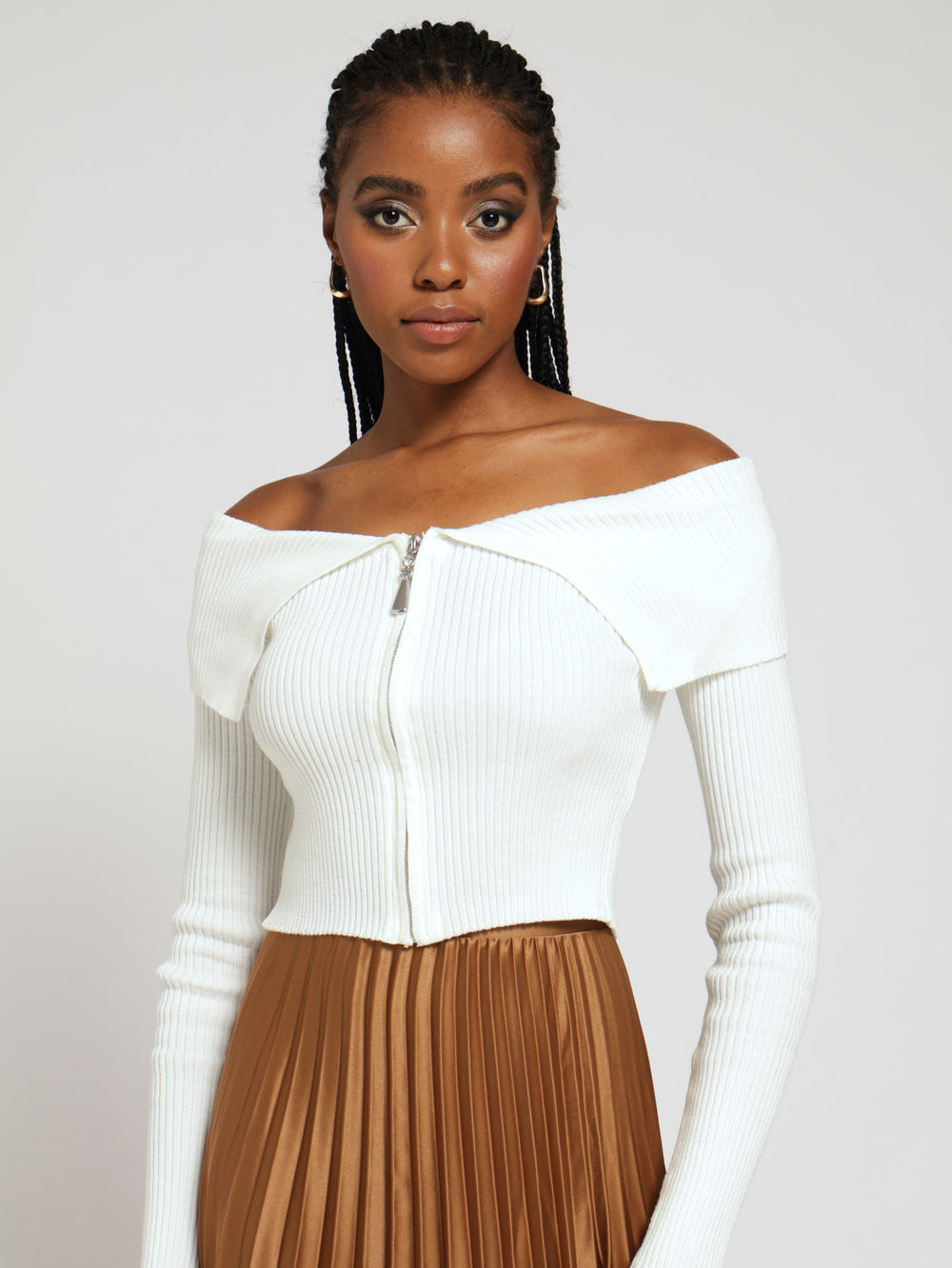 Long Sleeve Zip Front Knitwear Top Cream LEGiT