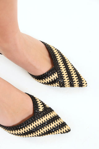 Raffia Two Tone Weaved Pointed Slingback Court Heel - White/Black