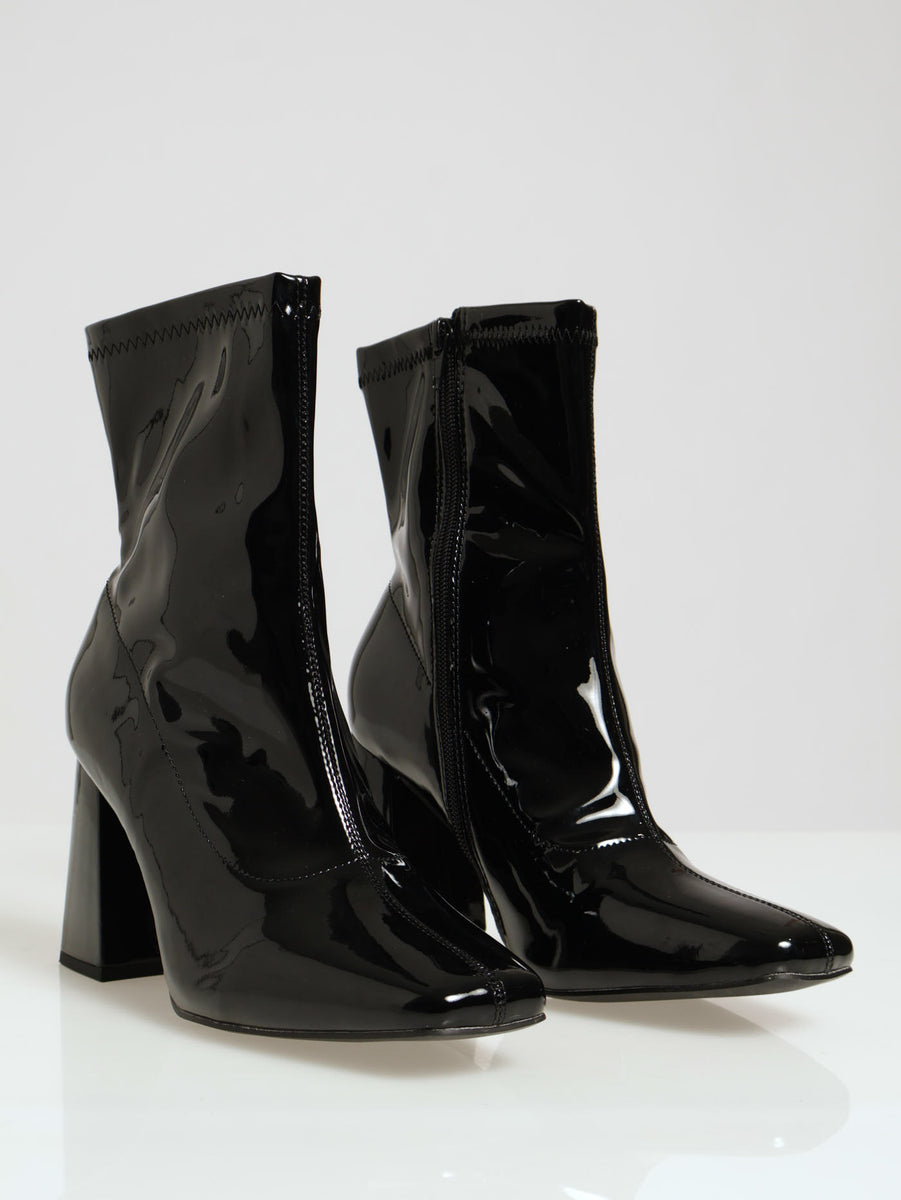 Heeled Ankle Patent Sock Boots Black LEGiT