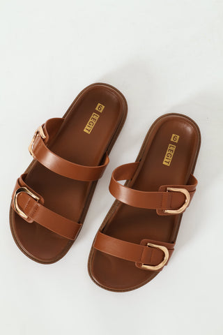 Shaped Buckle Moulded Two Strap Sandal - Tan