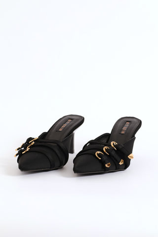 Buckle Strap Pointed Satin Slip-On Court Heel - Black