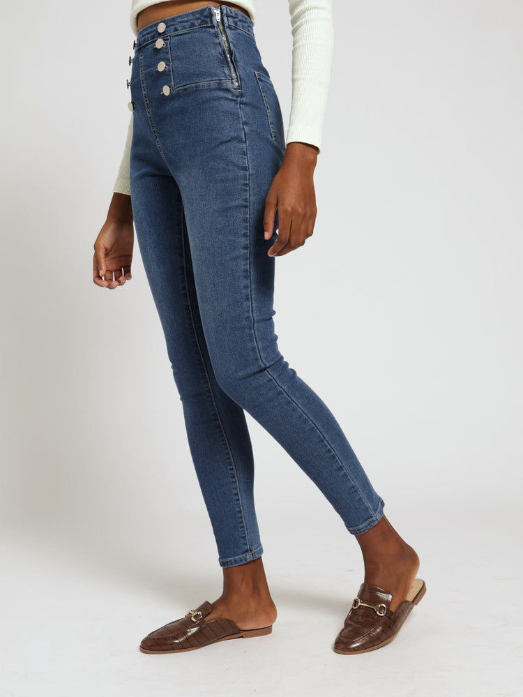 Dark High Rise Button Skinny Jeans main image 1