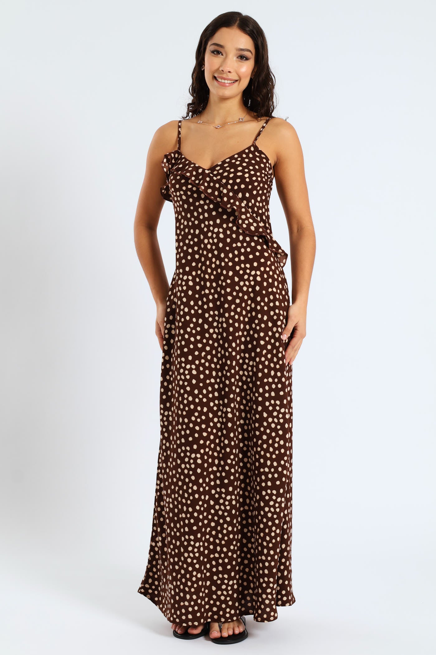 Polka Linen Like Maxi Slip Dress - Chocolate LEGiT Polka Linen Like Maxi Slip Dress - Chocolate LEGiT