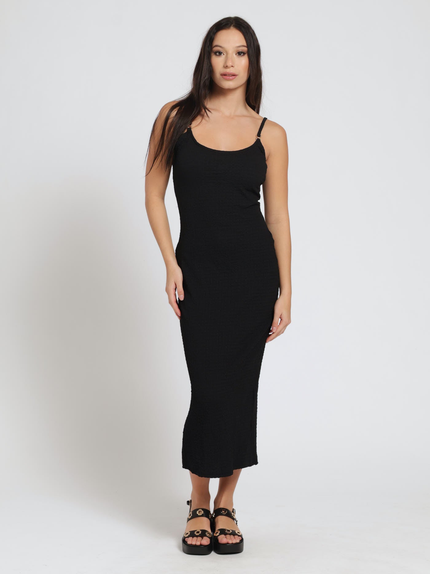 Textured Basic Strappy Midi Dress Black LEGiT