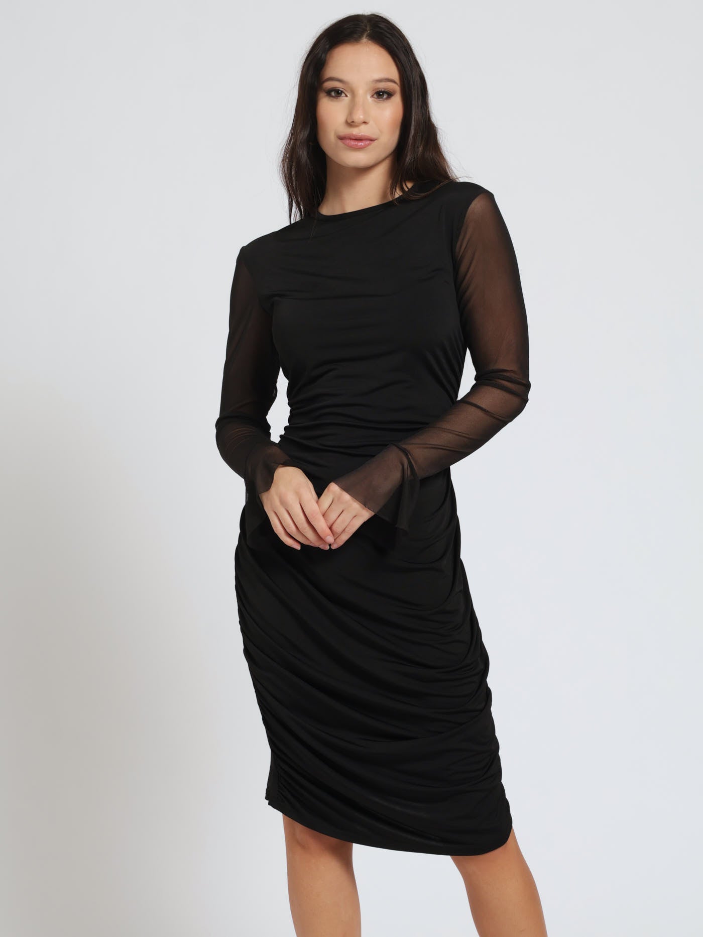 Combo Slinky Mesh Flare Sleeve Bodycon Dress - Black LEGiT Combo Slinky Mesh Flare Sleeve Bodycon Dress - Black LEGiT