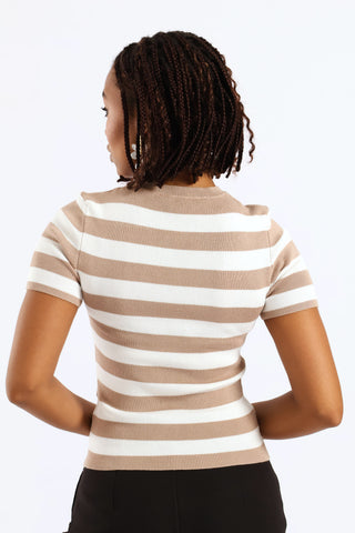 Short Sleeve Stripe Knitwear Top - Beige/White