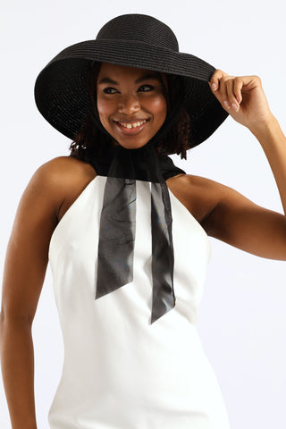 Dome Straw Sun Hat With Ties - Black