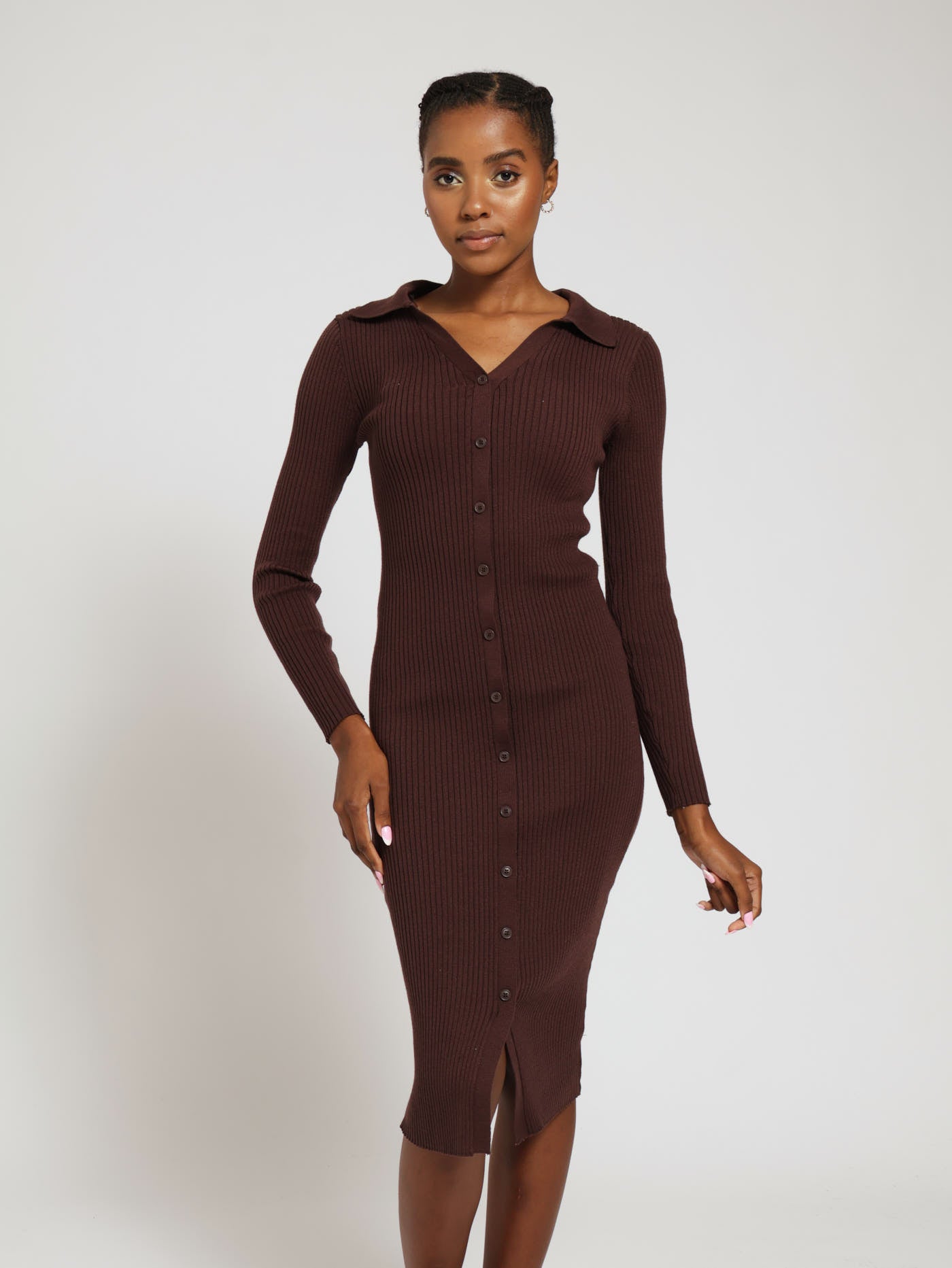 Long Sleeve Ribbed Button Bodycon Dress Ribbed Solid Two-piece Set