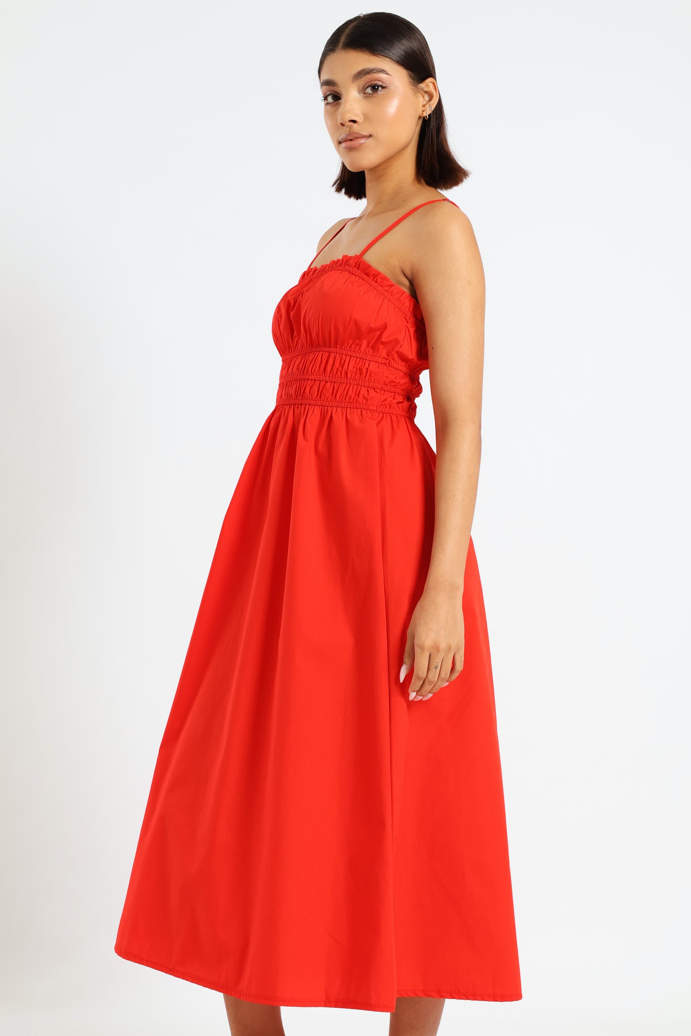 red dresses at legit Frill Neck Mid Gauged Maxi Dress