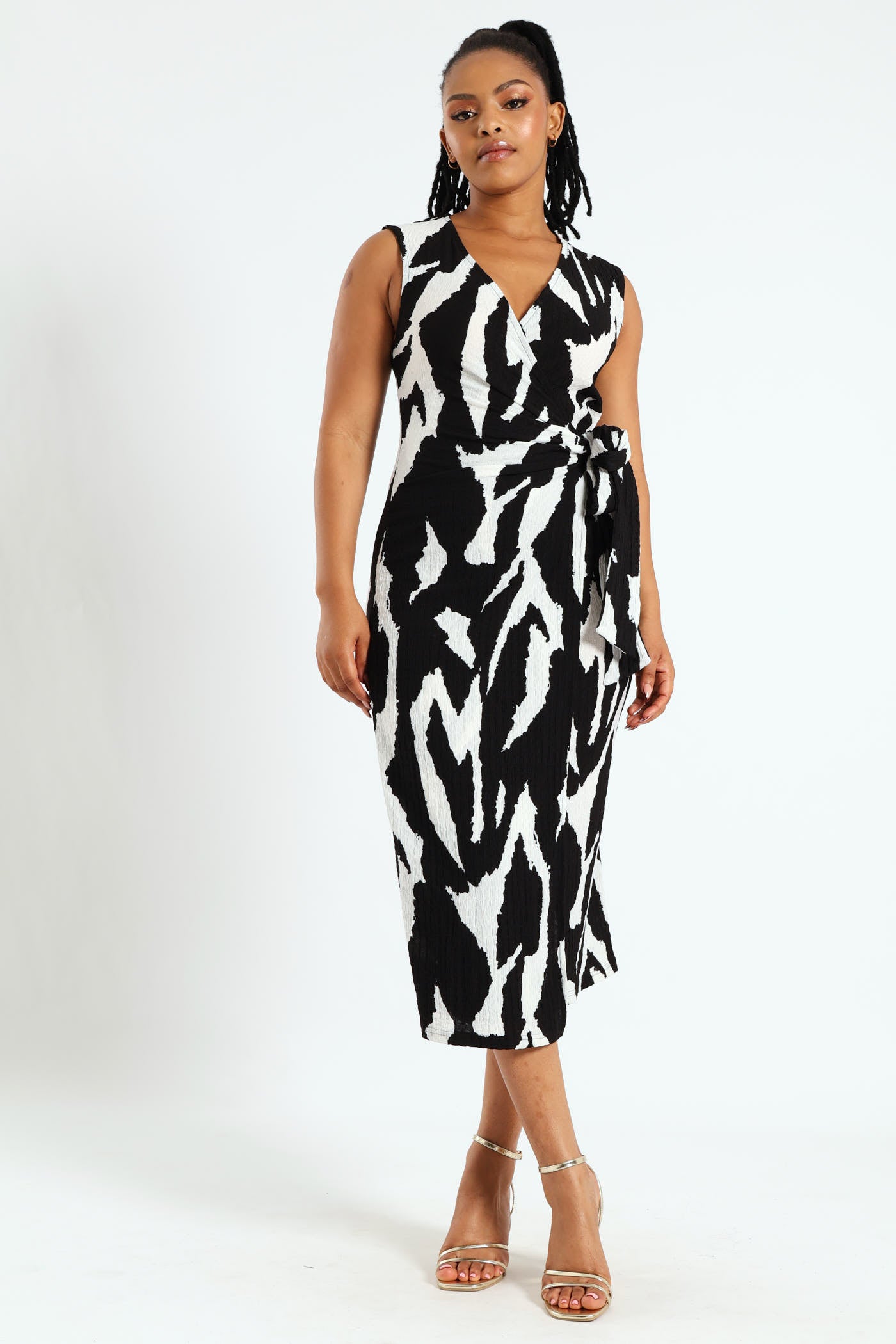 Sleeveless Printed Textured Wrap Dress