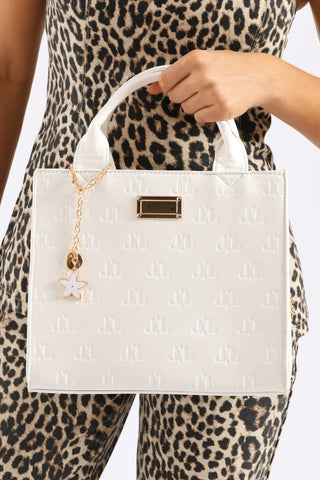 Charm Detail Metal Trim Embossed Monogram Tote Bag - White