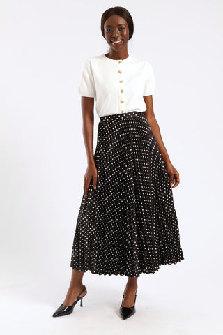 Long Length Polka Dot Pleated Skirt - Black/White