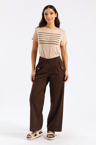 Relaxed Twill Turn Up Pants - Chocolate