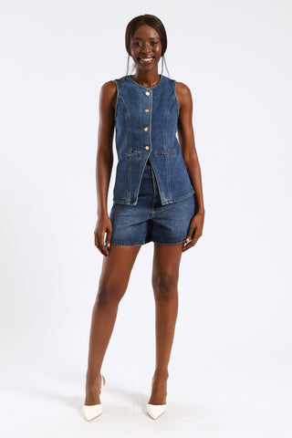 Gold Shank Detail Denim Shorts - Medium Blue