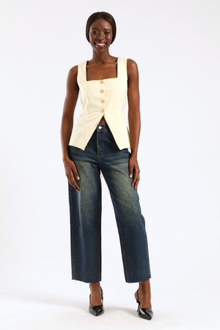 Linen Look Square Neck Waistcoat - Yellow