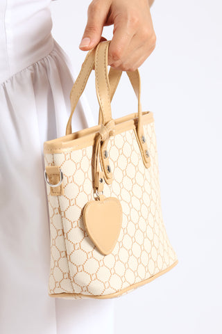 Heart Charm Printed Monogram Tote Bag - Beige