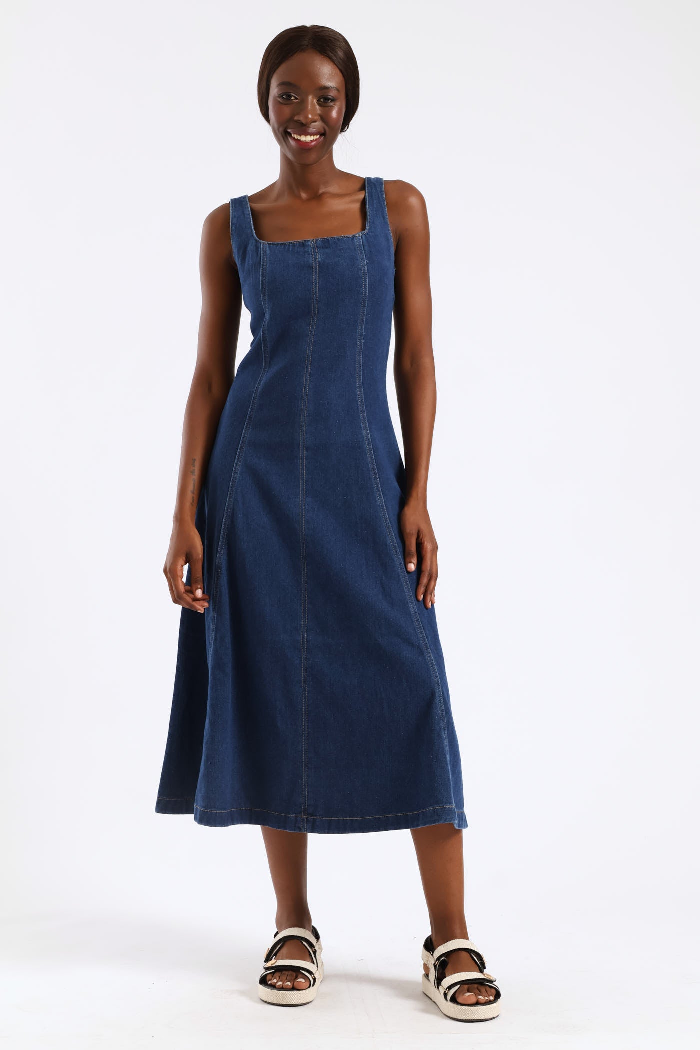 Strappy Panel Detail Denim Midi Dress - Medium Wash LEGiT Strappy Panel Detail Denim Midi Dress - Medium Wash LEGiT