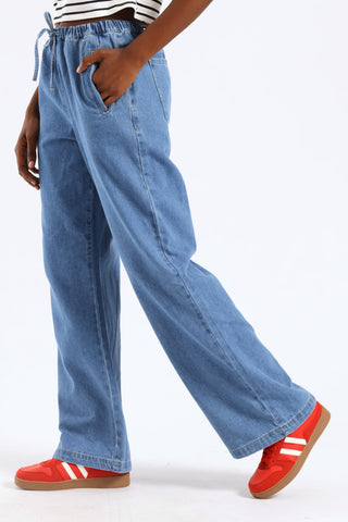 Light Weight Elasticated Wideleg Jean - Medium Blue