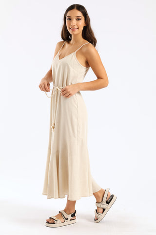 Linen Look Rope Tie Midi Dress - Oatmeal