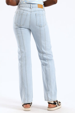 Panel Detail Buttoned Straight Leg Jean - Light Wash