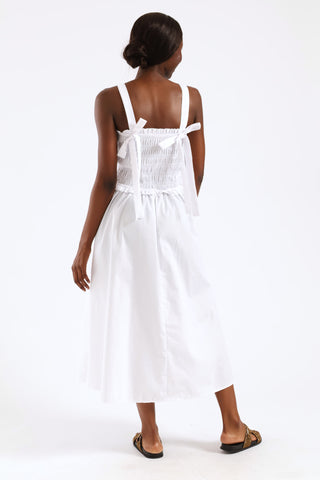 Shirred Poplin Midi Dress - White