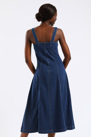 Strappy Panel Detail Denim Midi Dress - Medium Wash