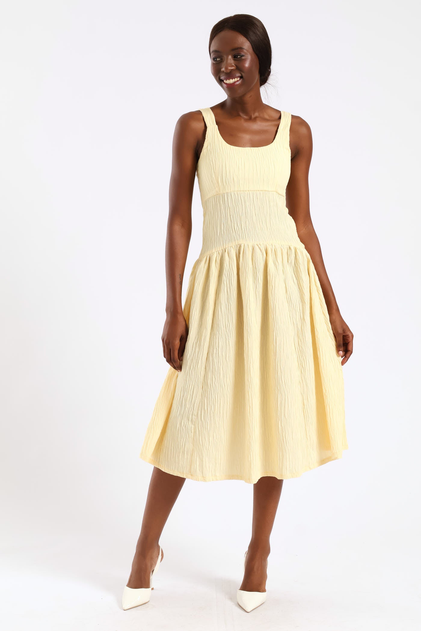 Crinkle Corset Style Flare Midi Dress - Yellow LEGiT Crinkle Corset Style Flare Midi Dress - Yellow LEGiT