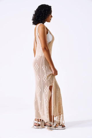 Long Length Crochet Coverup Dress With Tassels - Stone