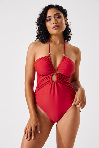 1 Piece Cutout Swimsuit With Charms - Rust