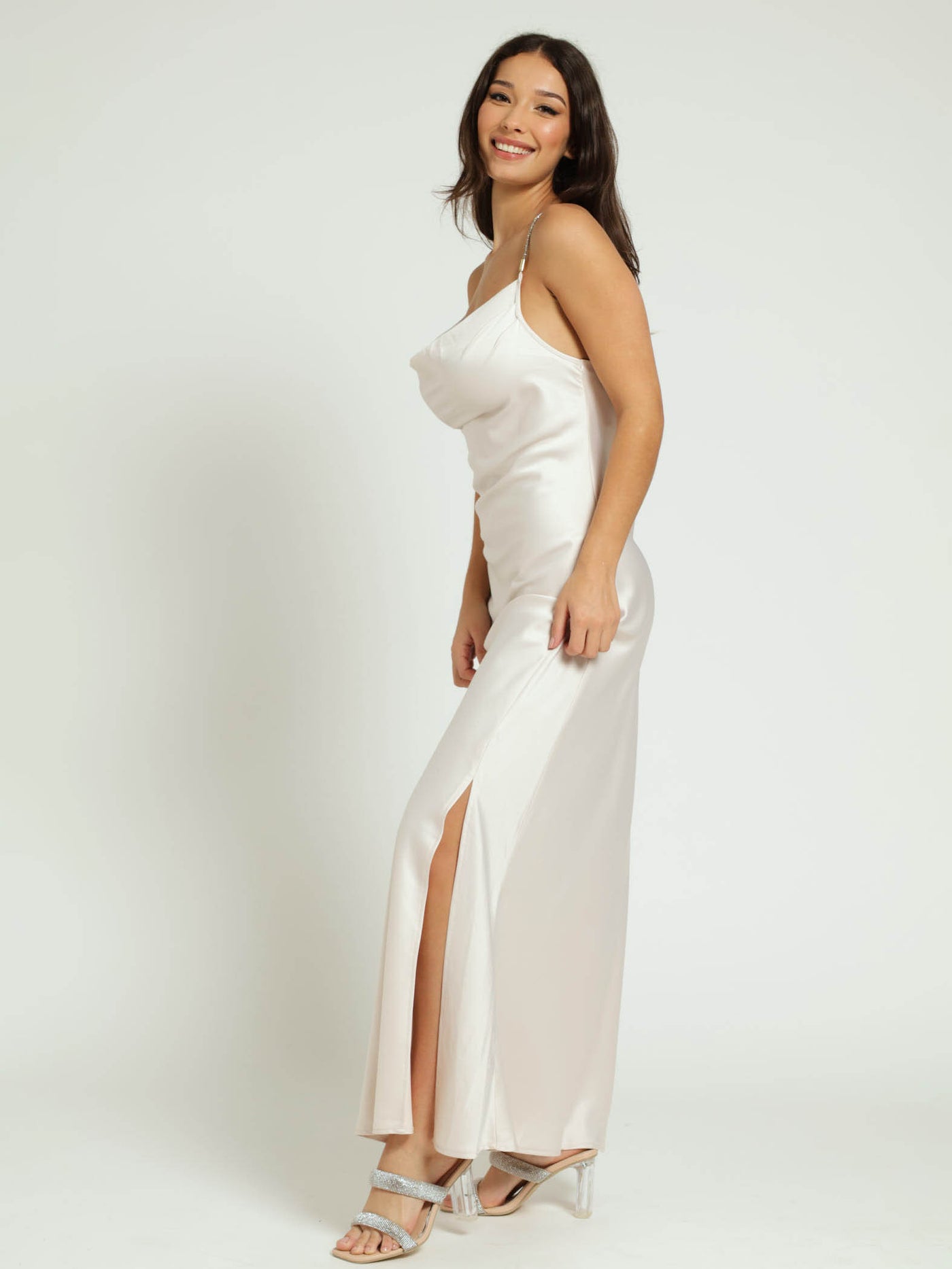 Desianne Lace Trim Satin Dress (Champagne)