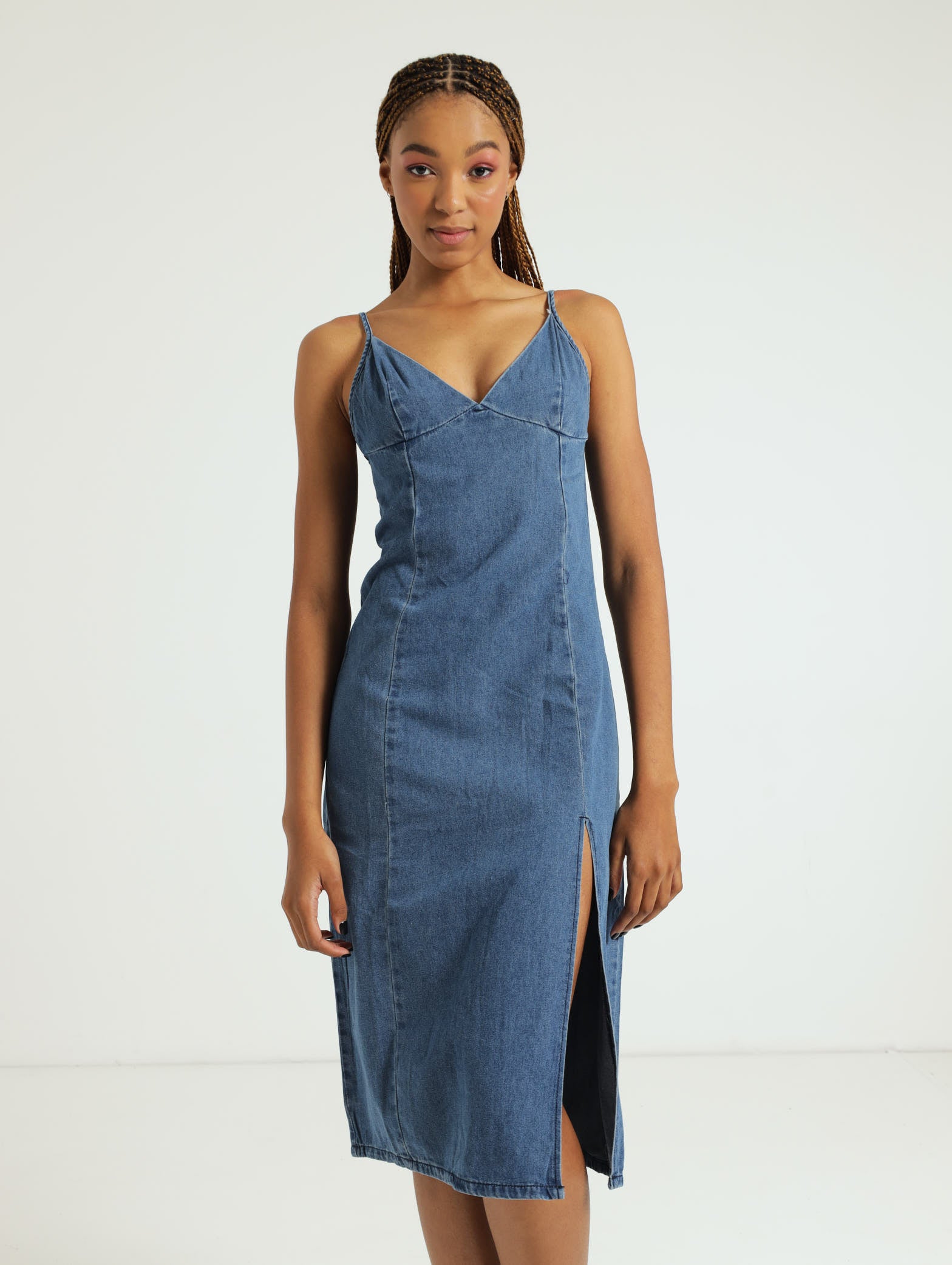 jean dress for ladies Strappy Denim Midi Dress