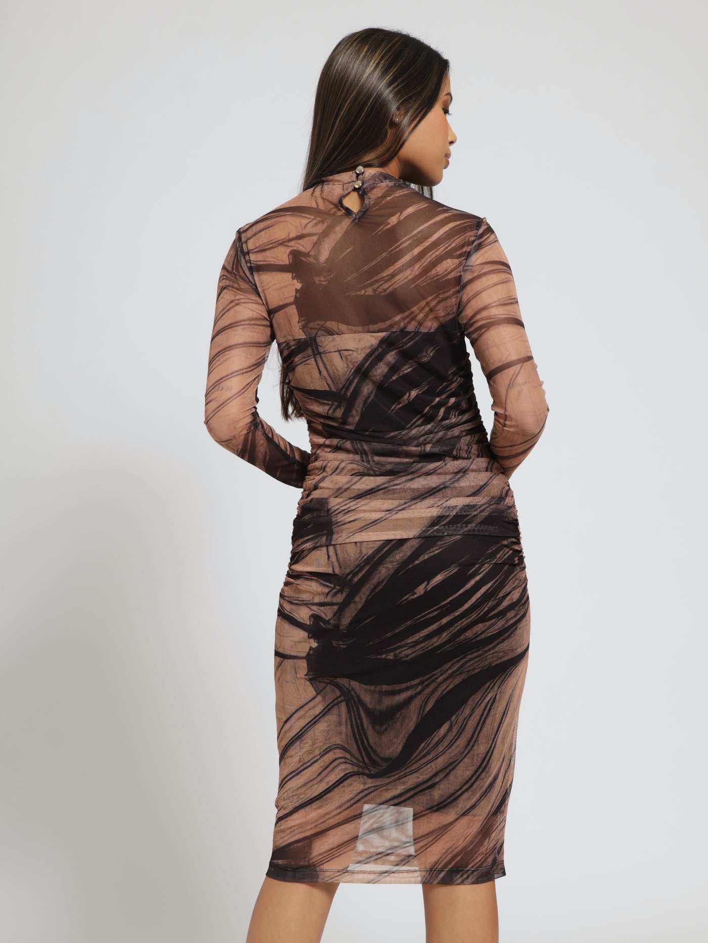 Long Sleeve Printed Mesh Ruched Dress – LEGiT