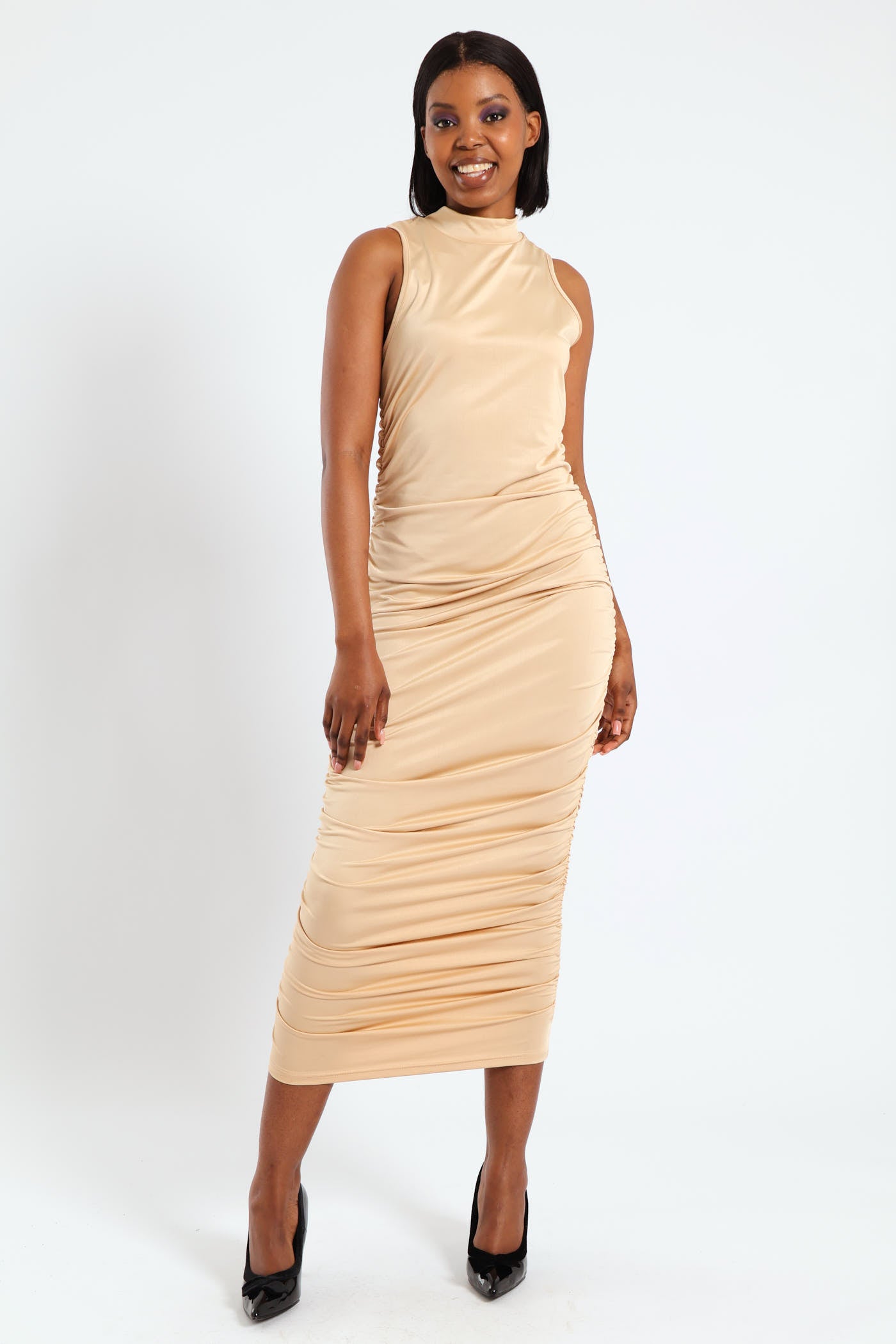 Sleeveless High Neck Ruched Bodycon Dress - Gold LEGiT Sleeveless High Neck Ruched Bodycon Dress - Gold LEGiT