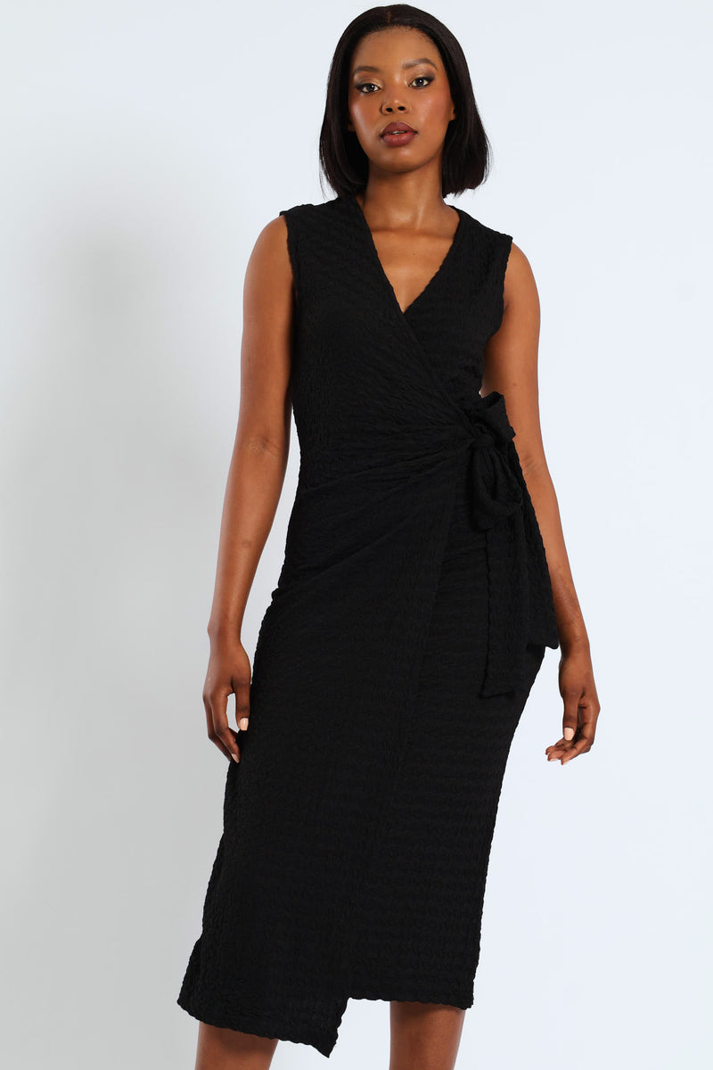 Sleeveless Structured Wrap Dress with Print in Nero