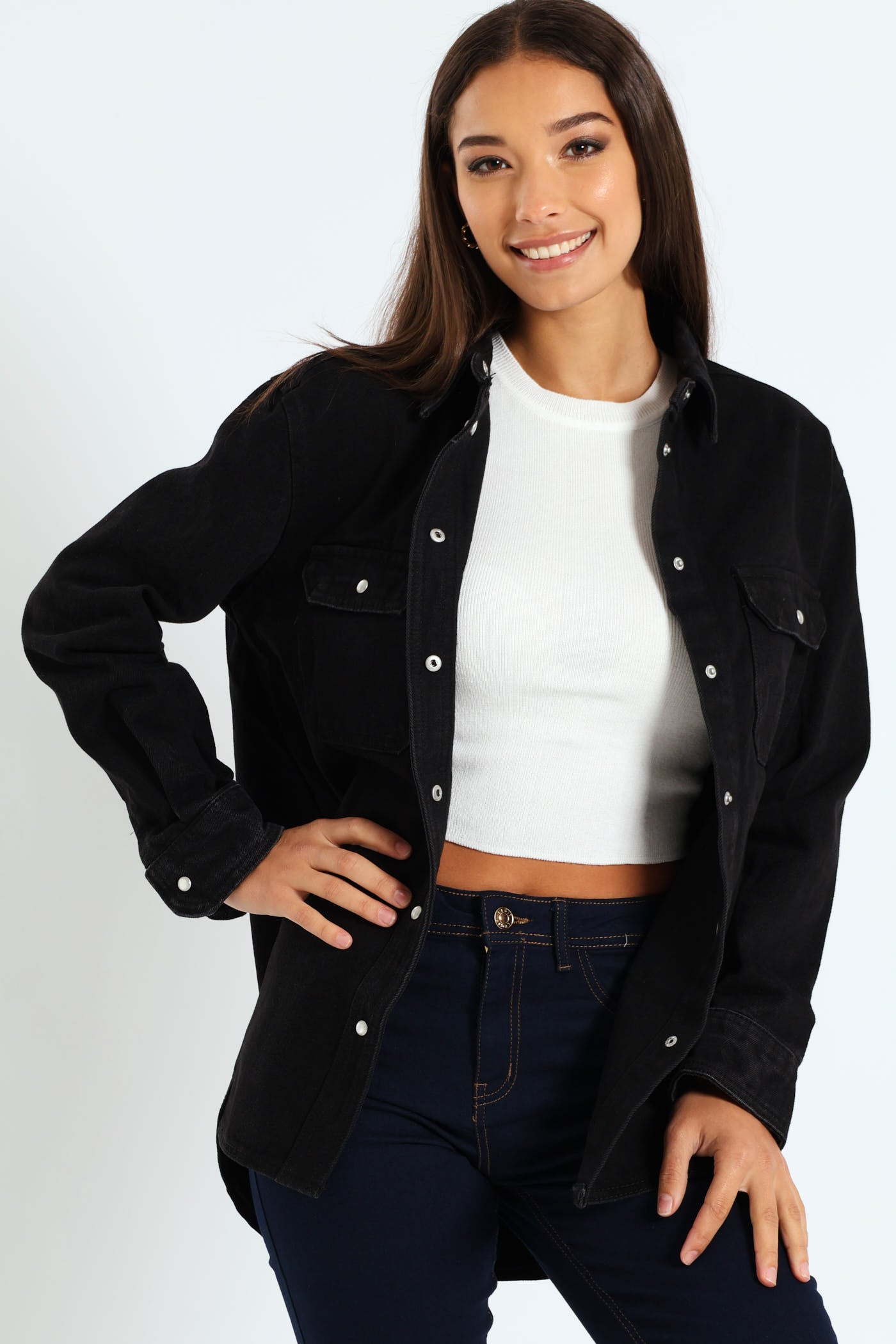 Denim Shacket With Popper Buttons Black – LEGiT