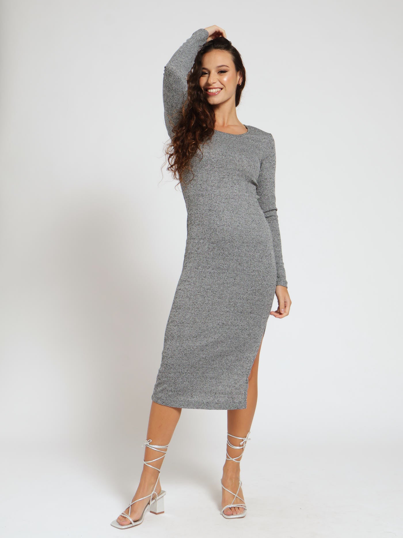 Long Sleeve Rib Midi Bodycon Dress - Grey Melange LEGiT Long Sleeve Rib Midi Bodycon Dress - Grey Melange LEGiT