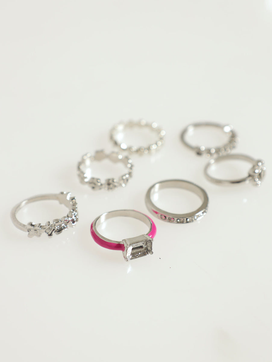 6 Pack Diamante, Flower And Coloured Gem Rings – LEGiT