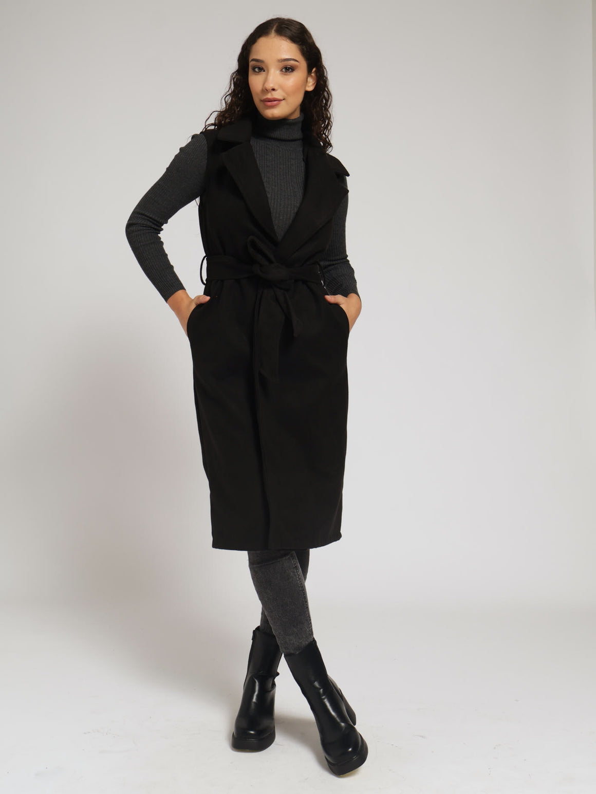 Black Sleeveless Melton Coat Dress main image 0