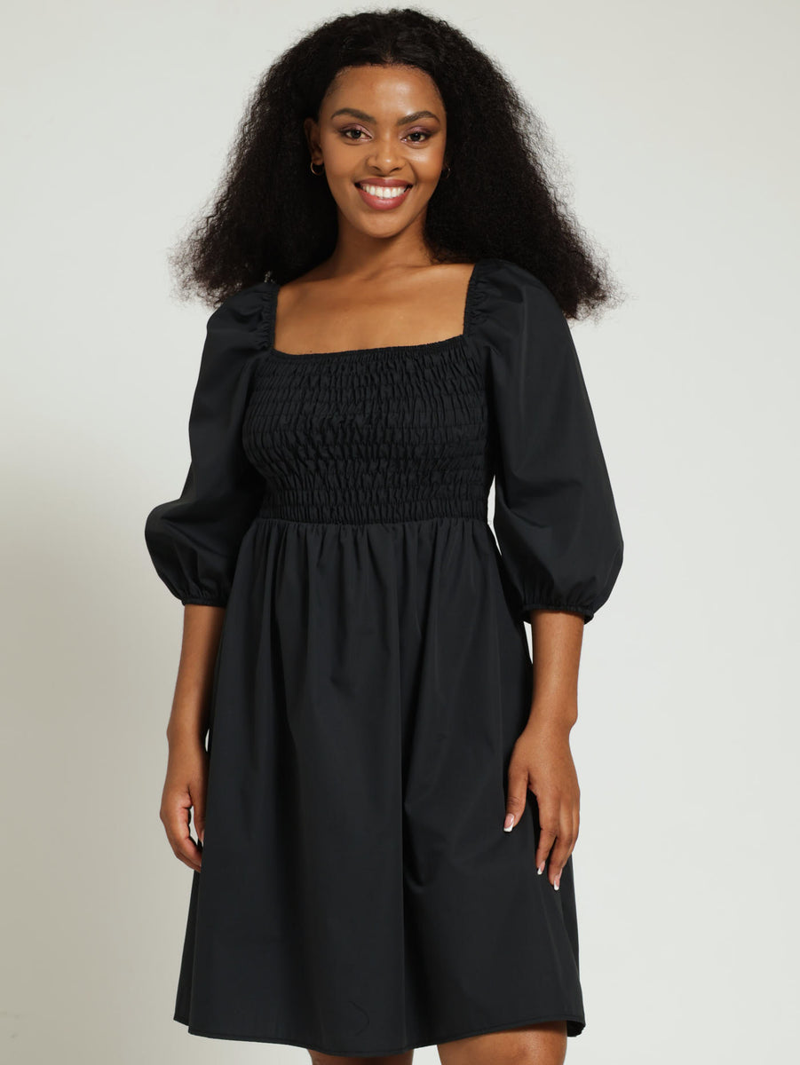 3/4 Sleeve Shirred Bodice Mini Dress - Black – LEGiT