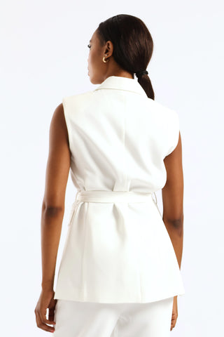 Sleeveless Tie Waist Blazer - White