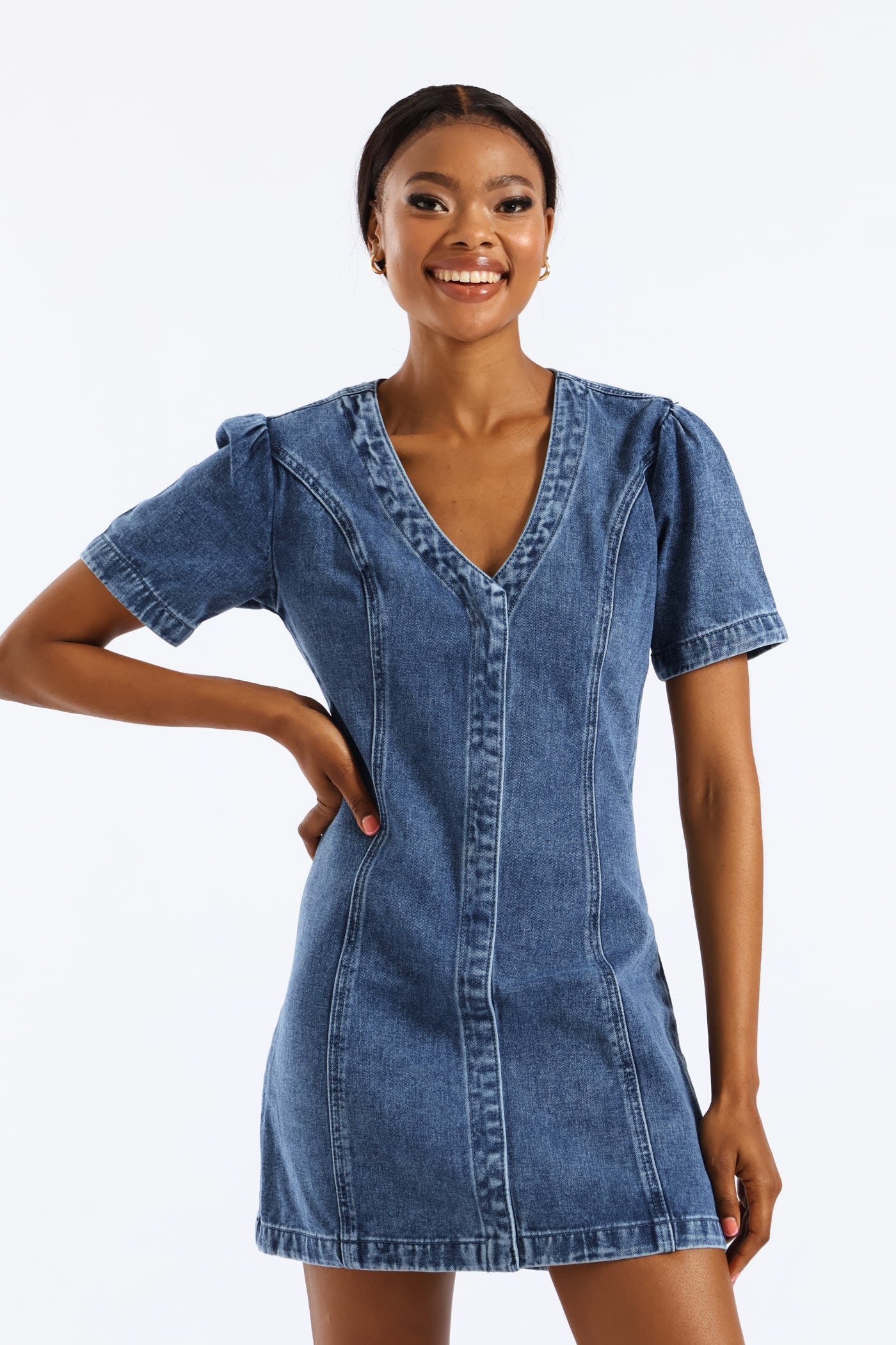 Puff Sleeve Denim Mini Dress
