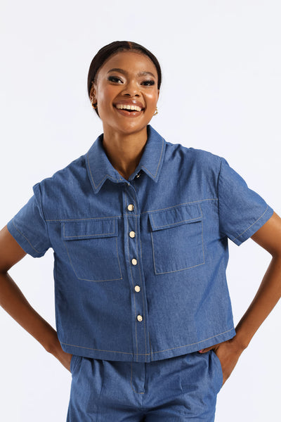 Short Sleeve Chambray Button Through Shirt - Medium Wash – LEGiT