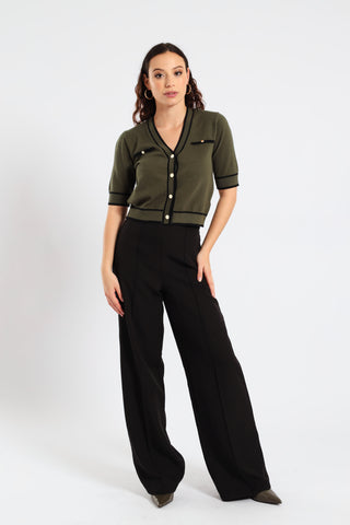 Short Sleeve Fancy Button Knitwear Top - Fatigue